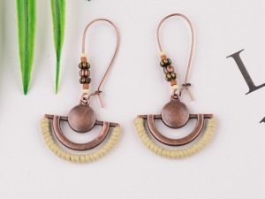 Bohemian Style Antique Copper Half-Moon Earrings with Beaded Accents