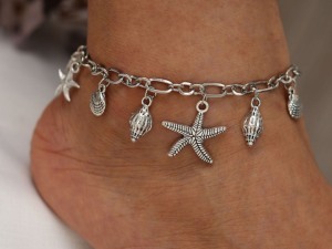 Ocean Charm Sterling Silver Ankle Bracelet with Starfish and Shells