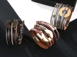 Bohemian Chic Layered Leather and Metal Cuff Bracelets Set