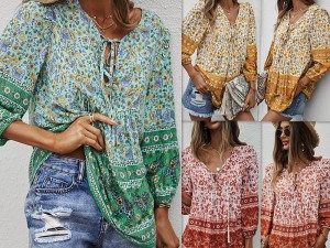Bohemian Style V-Neck Tassel Tie Blouse with Lantern Sleeves and Paisley Print