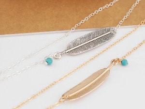 Bohemian Style Dual-Tone Feather Charm Anklet with Turquoise Bead Accents