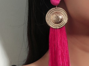 Fuchsia Pink Tassel Earrings with Gold-Tone Circular Stud and Textured Disc Drop