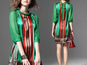 Bohemian Style Green Silk Tunic Dress with Ethnic Print and Tie-Back Detail