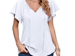 Women's Casual V-Neck Flutter Sleeve Blouse in White