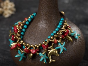 Bohemian Style Turquoise and Coral Beaded Charm Bracelet with Dolphin Pendant