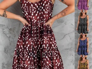 Sleeveless A-Line Dress with Abstract White Pattern on Burgundy Background