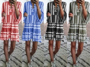 Bohemian Style V-Neck Tassel Trim Printed Kaftan Dresses in Four Color Variations