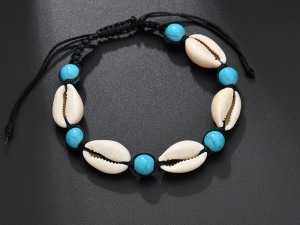 Adjustable Black Cord Bracelet with Cowrie Shells and Turquoise Beads