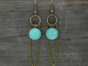 Vintage Style Turquoise Bead and Antique Bronze Chain Dangle Earrings