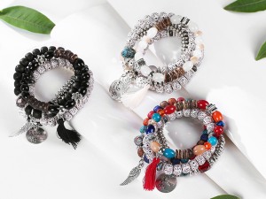 Bohemian Charm Bracelet Set with Multicolored Beads and Tassel Accents