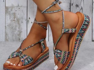 Bohemian Style Woven Ankle-Tie Platform Sandals