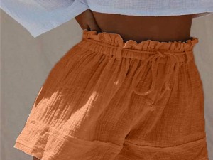 Rustic Brown Textured High-Waisted Shorts with Drawstring Tie