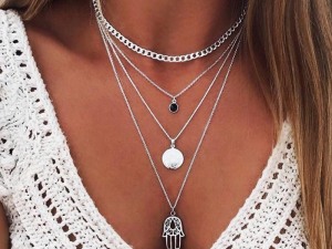 Bohemian Layered Silver Necklace Set with Pendants