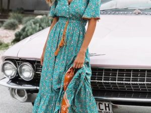 Bohemian Style V-Neck Floral Maxi Dress with Contrasting Border Detail