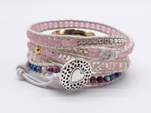 Bohemian Style Pink Beaded Multi-Layer Wrap Bracelet with Heart Charm
