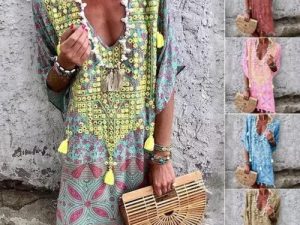 Bohemian Style Tassel-Trimmed Printed Tunic Dress