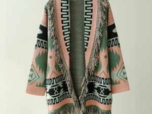 Bohemian Style Fringed Patterned Knit Cardigan
