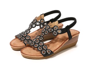 Black Elastic Strap Sandals with Beaded Flower Accents
