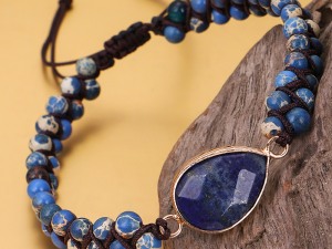 Bohemian Style Lapis Lazuli Beaded Bracelet with Silver Pendant