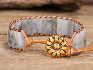 Vintage Sunflower Charm Boho Bracelet with Natural Stone Beads and Adjustable Leather Cord