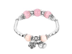 Pink Bohemian Charm Bracelet with Floral and Heart Accents