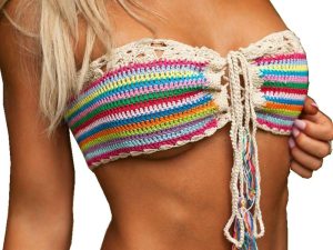 Multicolor Crochet Boho Beach Two-Piece Set with Tasseled Halter Top and Striped Skirt