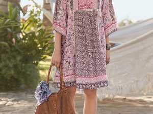 Bohemian Pink Paisley Print Tunic Dress with Lace Trim Detail