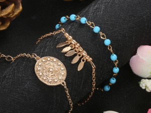 Bohemian Style Gold-Tone Charm Bracelet with Turquoise Beads and Mandala Pendant