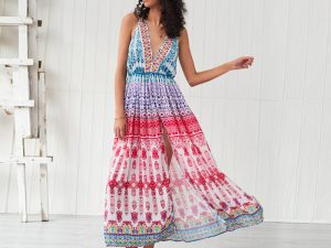 Bohemian-Inspired Deep V-Neck Multicolored Maxi Dress