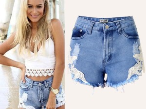 Women's Distressed Denim Lace Trim Shorts