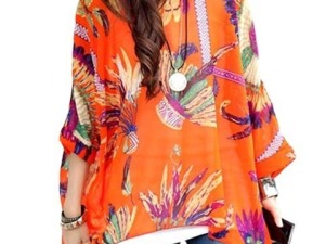 Bohemian Vibrant Feather Print Batwing Sleeve Blouse