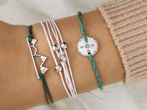 Bohemian Style Layered Bracelets with Mountain Charm and Compass Pendant