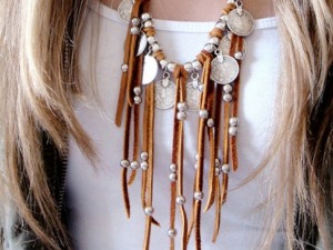 Bohemian Style Leather Tassel Necklace with Silver Coin and Bead Accents