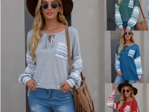 Women's Casual Long Sleeve Striped Trim Knit Sweater with Drawstring Neckline