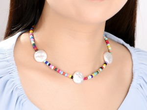 Multicolored Beaded Necklace with Pearl Accents - Versatile and Elegant