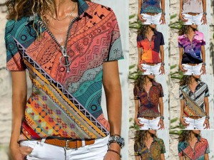 Bohemian Patchwork Print Zip-Front V-Neck Casual Blouse