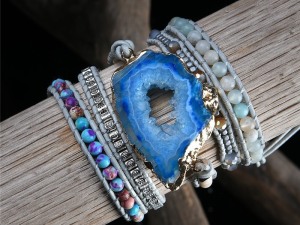 Bohemian Layered Bracelet Set with Blue Agate Geode Centerpiece