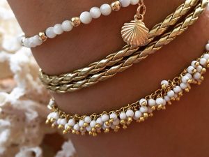 Bohemian Style Layered Anklet Set with White Beads and Gold-Tone Charms