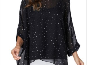 Polka Dot Sheer Overlay Blouse with Three-Quarter Sleeves