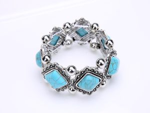 Vintage Silver-Tone Bohemian Turquoise Stone Bracelet