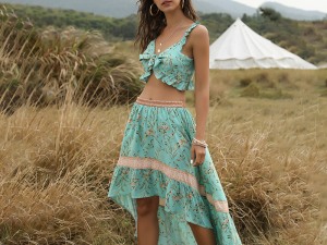 Bohemian Floral Print Ruffle Crop Top and High-Low Skirt Set in Aqua