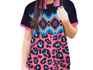 Women's Short Sleeve Color Block Leopard Print and Geometric Pattern T-Shirt