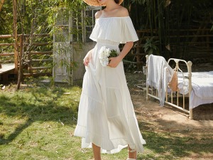 Bohemian Style Off-Shoulder Tiered White Maxi Dress