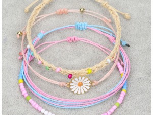 Bohemian Style Handmade Beaded and Braided Friendship Bracelets Set with Daisy Charm