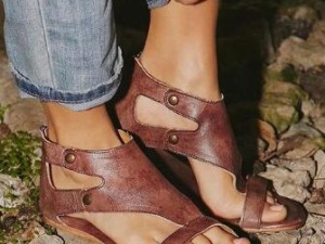 Brown Leather Cut-Out Ankle Strap Flat Sandals