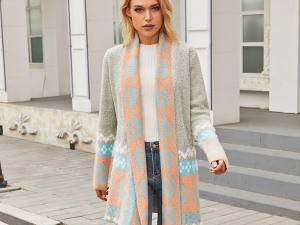 Women's Casual Long Sleeve Open Front Knit Cardigan with Geometric Pattern