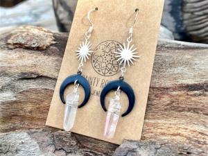 Sunburst and Crescent Moon Crystal Pendant Earrings