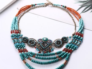 Bohemian Style Turquoise and Coral Beaded Statement Necklace
