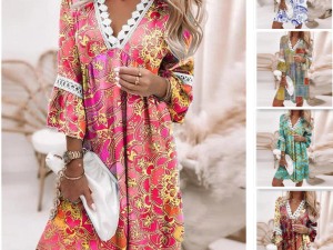 Bohemian Style V-Neck Pink Paisley Print Dress with Lace Trim