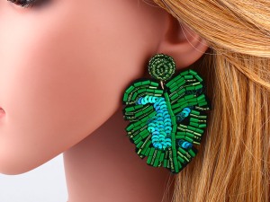 Vibrant Green and Blue Beaded Peacock Feather Earring